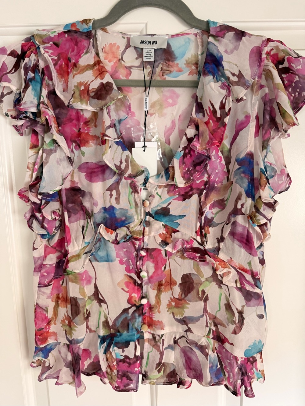 Jason Wu Multi-Color Floral Ruffle Button Blouse